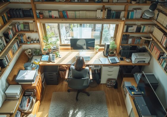 Aménagement d'un coin bureau fonctionnel et élégant dans un petit appartement, optimisant l'espace pour une productivité maximale.
